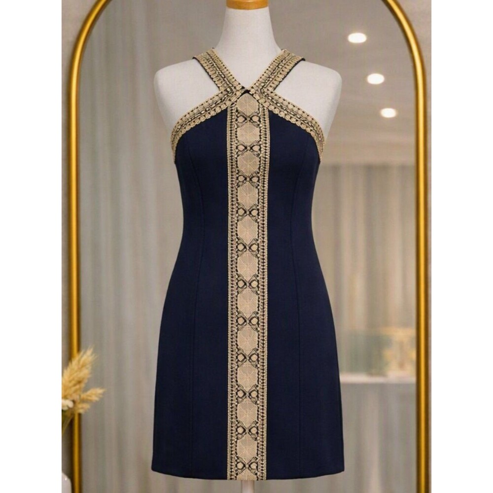 Lilly Pulitzer Women’s Navy Dress with Gold Lace Trim Size 0